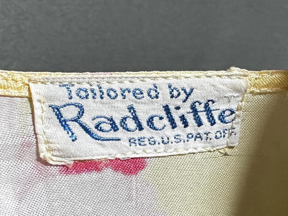 RADCLIFFE vintage 1940s satin dressing gown, yellow and pink floral satin button front housecoat