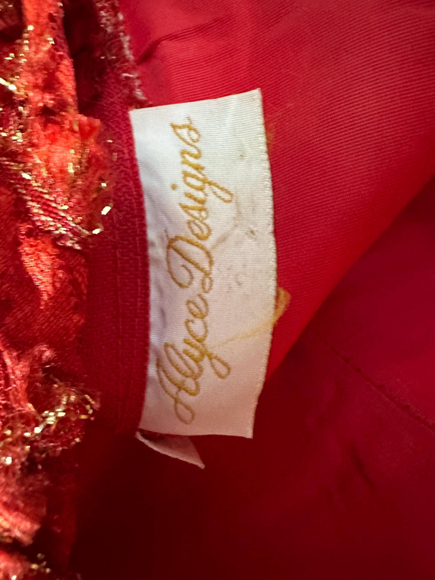 ALYCE DESIGNS, vintage 1980s evening dress, cherry red strapless sheath mermaid gown, bodycon and eyelash lace