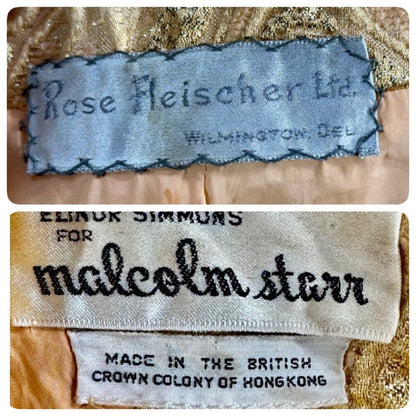 MALCOLM STARR Vintage dress jacket set, 1960s Apricot shiny gold brocade cocktail evening suit ensemble, dress and matching jacket