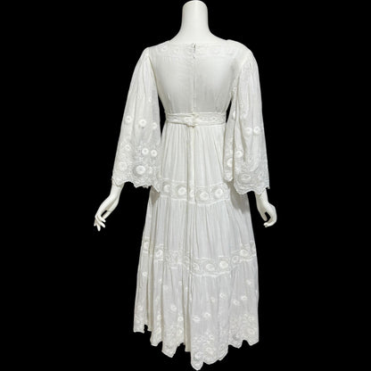 1970s Mexican Wedding dress, White batiste cotton embroidered empire ball gown