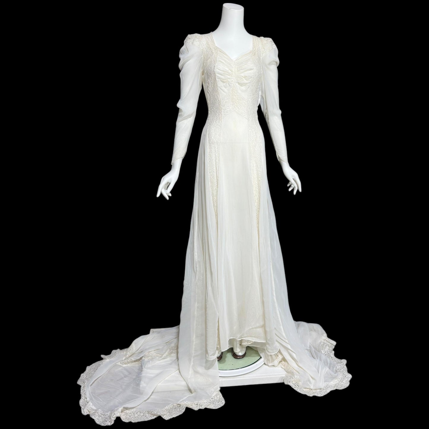 1940s vintage wedding dress, White sheer long sleeve sheath slip gown with train and slip
