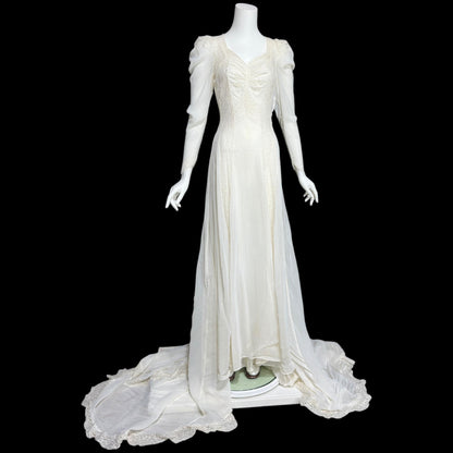 1940s vintage wedding dress, White sheer long sleeve sheath slip gown with train and slip