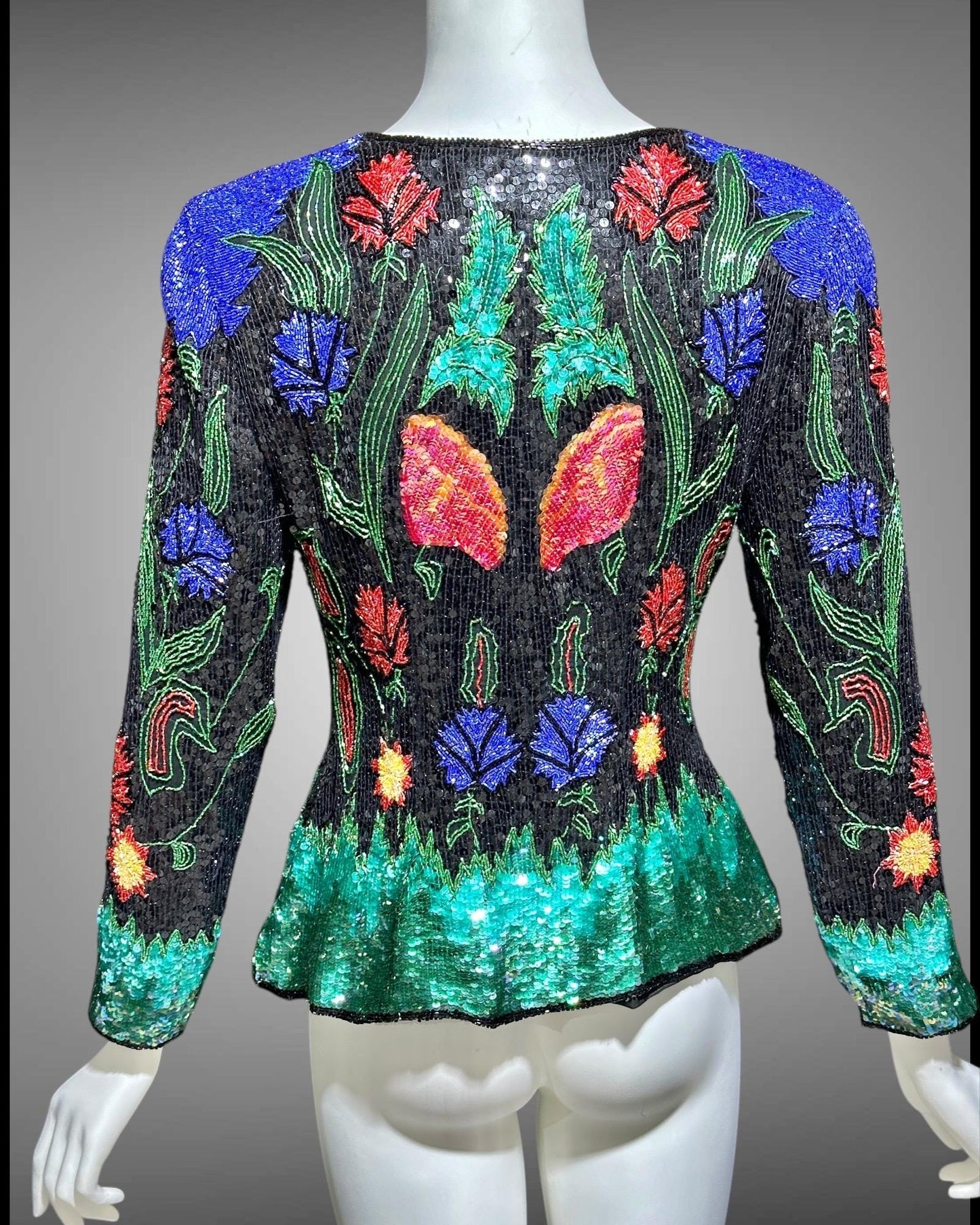 1980s vintage Evening jacket, vibrant jewel tone sequins princess cut elegant cocktail party jacket blouse top