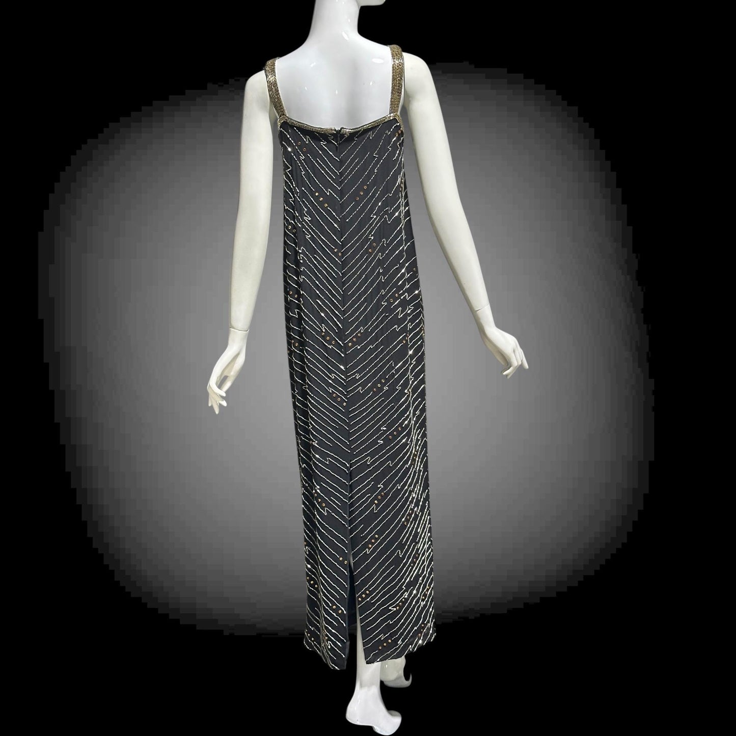 1980s Beaded Silk Sheath Gown: Vintage Black with silver and amber beading, Evening Dress