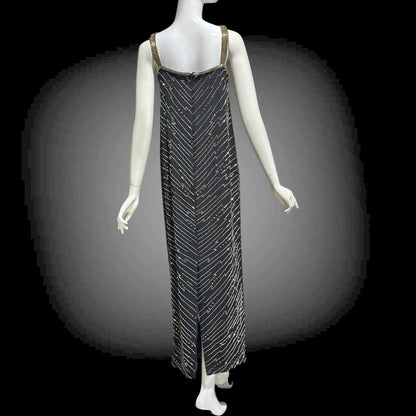 1980s Beaded Silk Sheath Gown: Vintage Black with silver and amber beading, Evening Dress