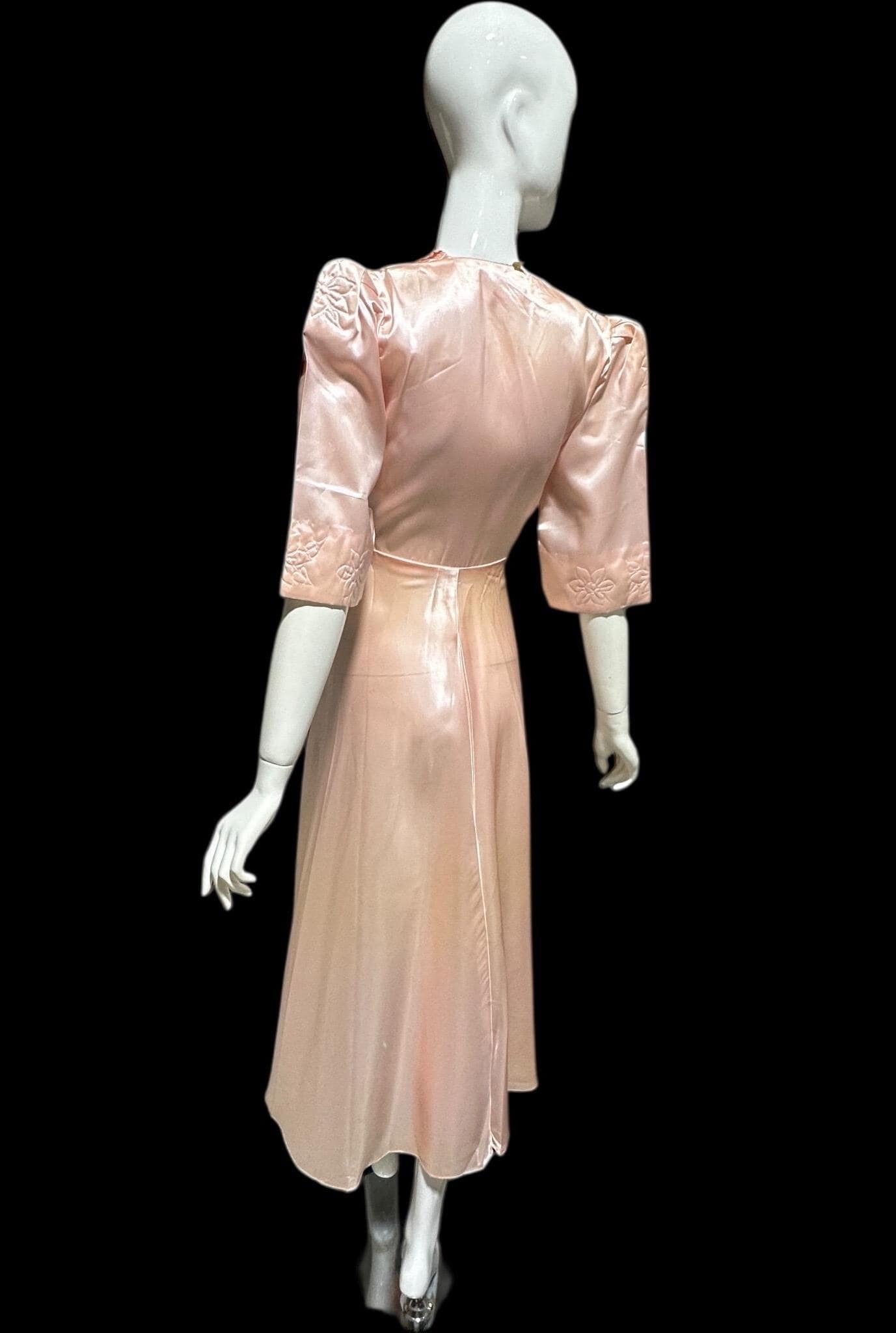 ANITA vintage 1940s Dressing Gown Robe, Made in Cuba Shiny Satin Pink Wrap Housecoat