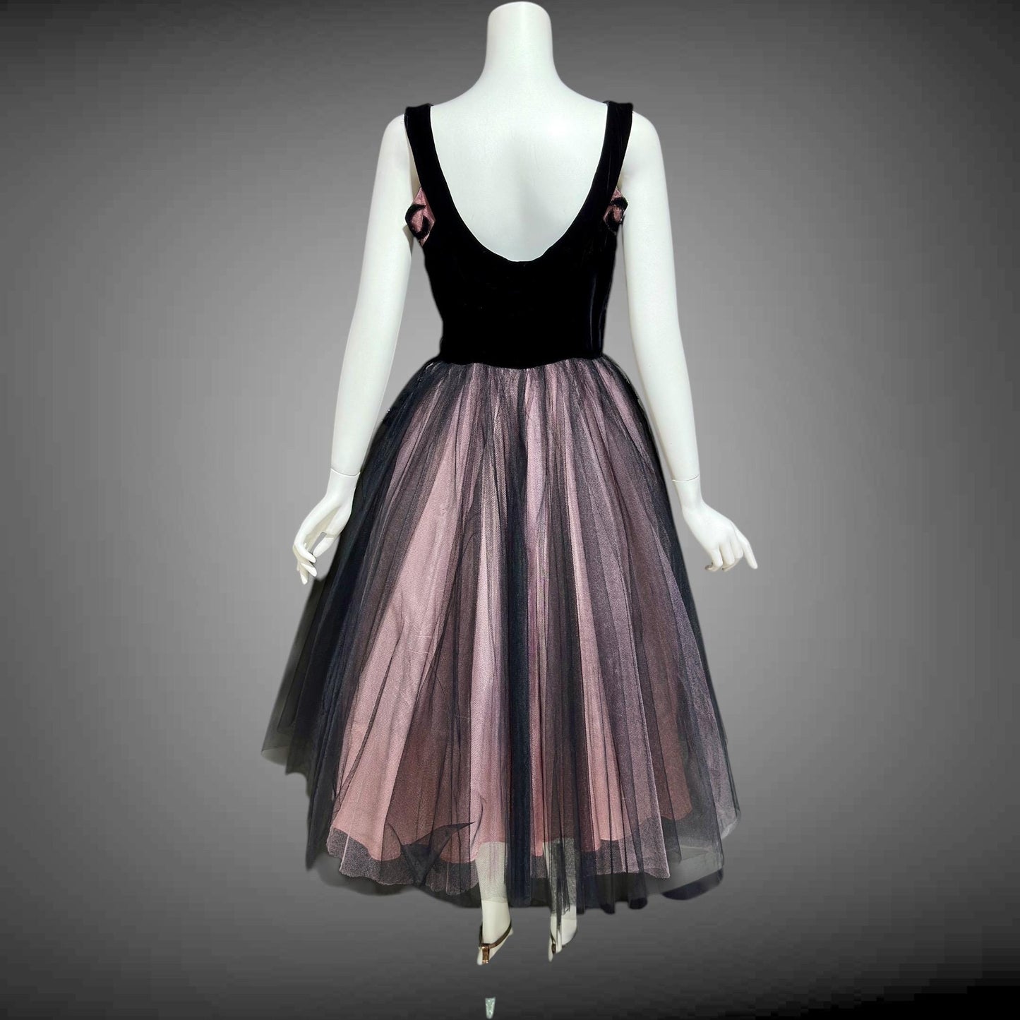 1950s vintage party dress, Dreamy Pink and Black tulle cupcake prom cocktail dress