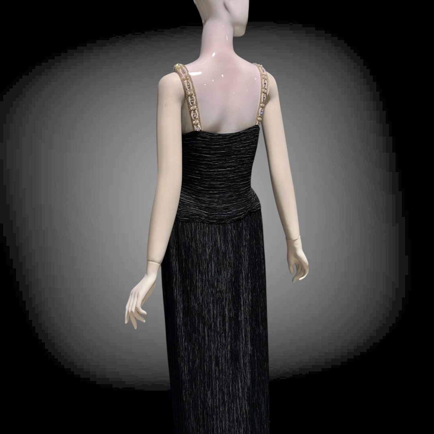 MARY MCFADDEN COUTURE vintage 1980s evening dress, I.Magnin black beaded plisse pleats gown