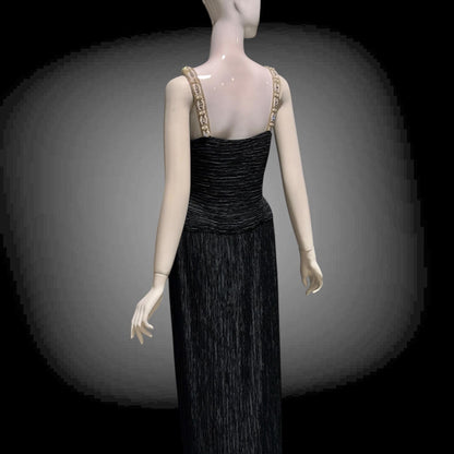MARY MCFADDEN COUTURE vintage 1980s evening dress, I.Magnin black beaded plisse pleats gown