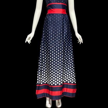 1970s vintage maxi dress, Navy blue and white polka dots, red stripes, halter casual summer party long 4th of July sundress