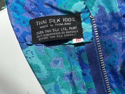 1970s vintage Thai Silk Caftan dress, JIM THOMPSON? blue and purple silk paisley Hippie Boho Dress