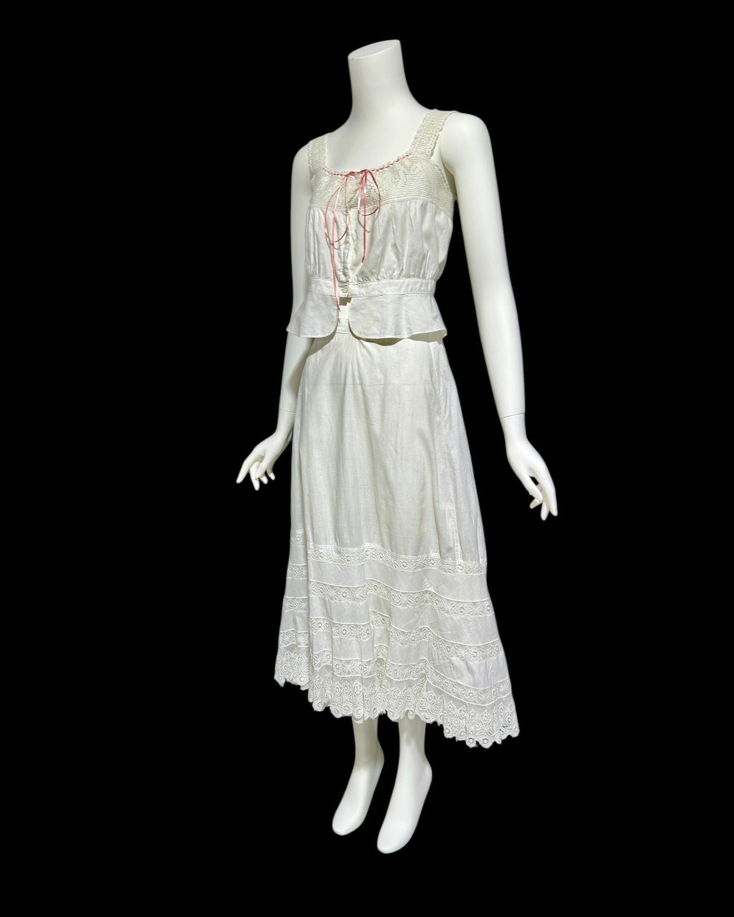 Antique Edwardian 1900s white cotton and lace camisole and skirt set, 2pc lingerie set, top and petticoat