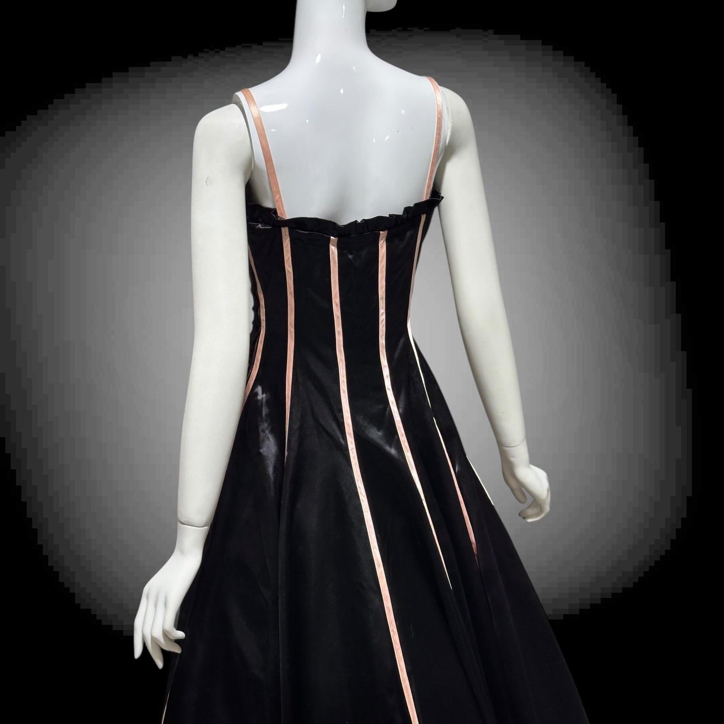 1940s vintage Evening Ball Gown: Black Shiny Satin full sweep formal dress with pink ribbon stripes