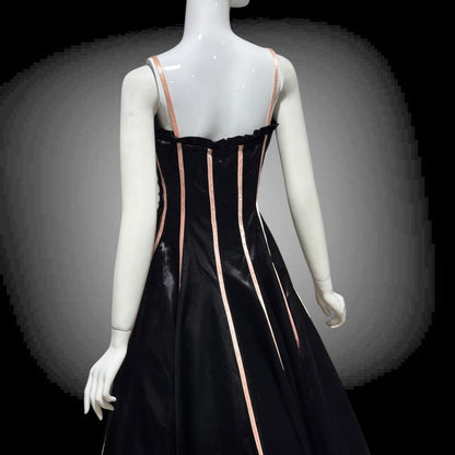 1940s vintage Evening Ball Gown: Black Shiny Satin full sweep formal dress with pink ribbon stripes