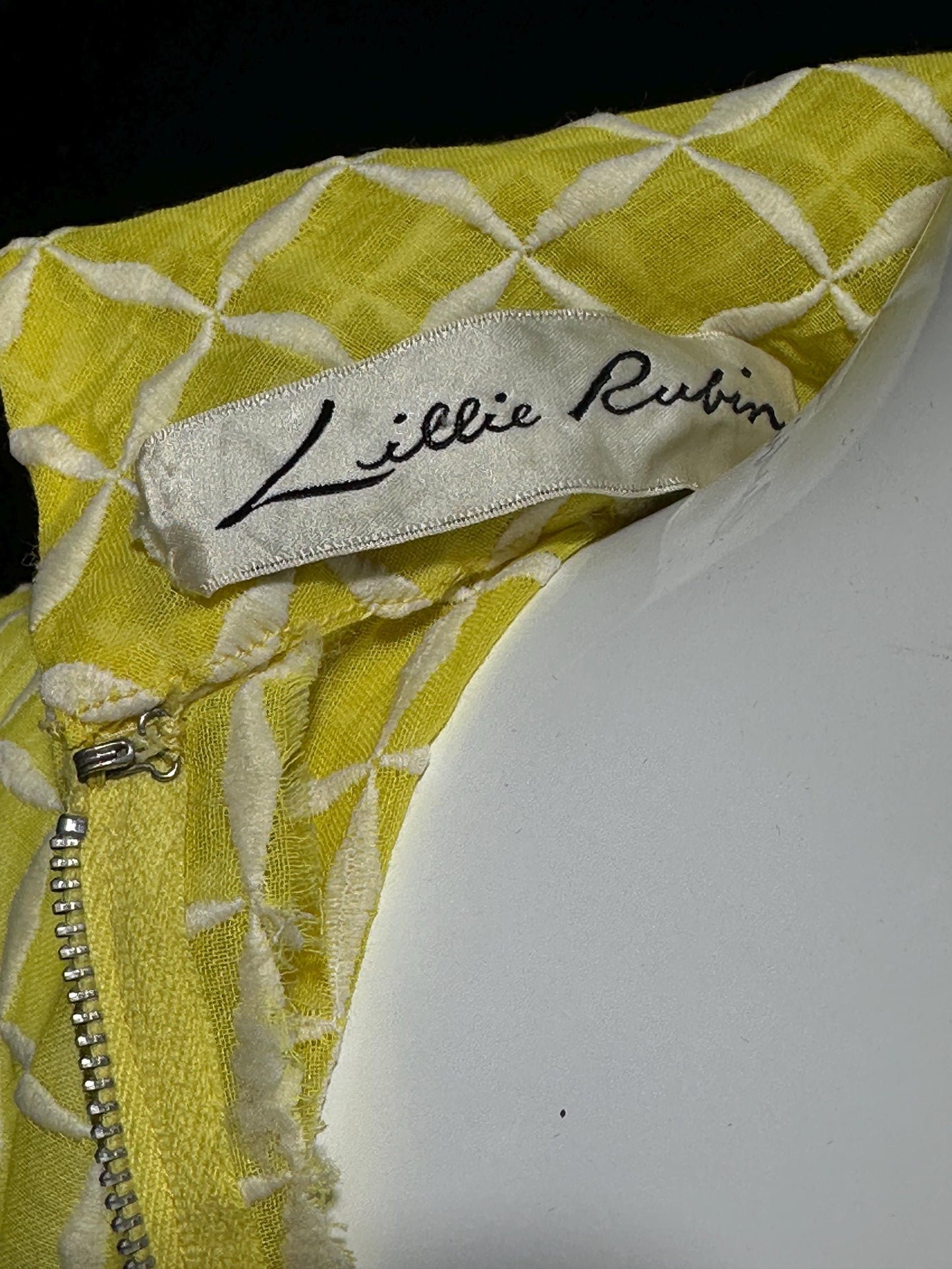 LILLIE RUBIN vintage 1970s evening dress gown, lemon yellow windowpane plaid ball gown