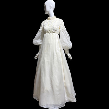 EMMA DOMB vintage wedding dress gown, 1960s white Queen Anne High Neck Juliet Puffed Sleeve Romantic Bride