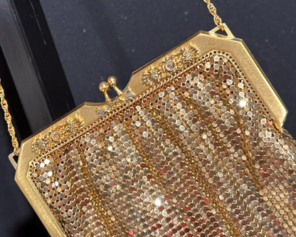 WHITING & DAVIS vintage 1960s mesh bag purse, gold mesh dance evening bag