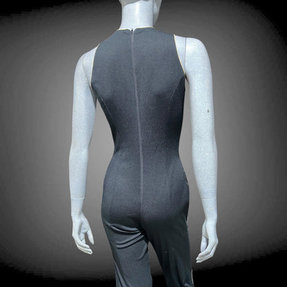 ESTIVO vintage 1970s bell bottom jumpsuit, black poly knit disco jumpsuit, embroidery & rhinestones