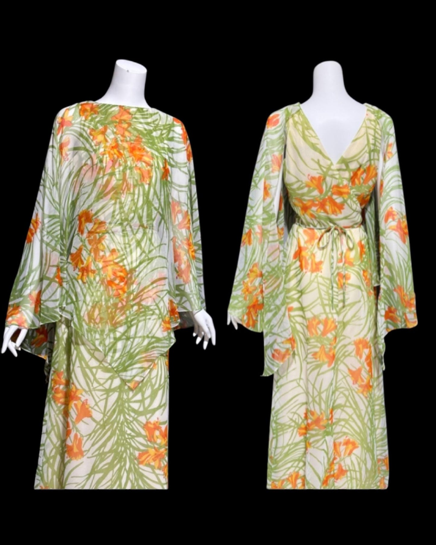 MARITA vintage evening dress gown, 1970s floral poly chiffon cape back scarf dress