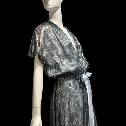 JUVENTA vintage 1930s dressing gown robe, sheer black lace with blue satin peignoir housecoat, Made in France