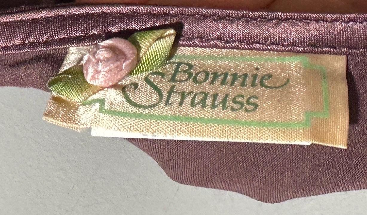 BONNIE STRAUSS vintage 1990s evening slip dress, shiny satin bias cut sheath embroidered 1940s style gown