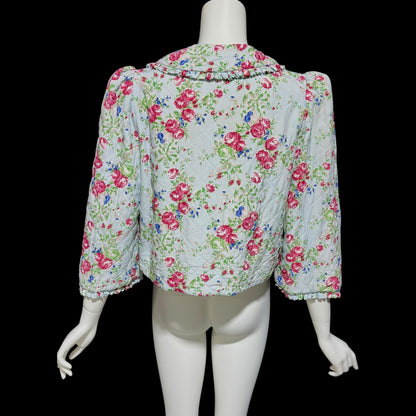 1930s vintage quilted bed jacket, blue satin with rose print short night robe
