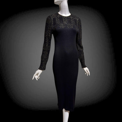 MARY MCFADDEN vintage 1970s knit cocktail dress, Black Gold Long Sleeve Office Party dress