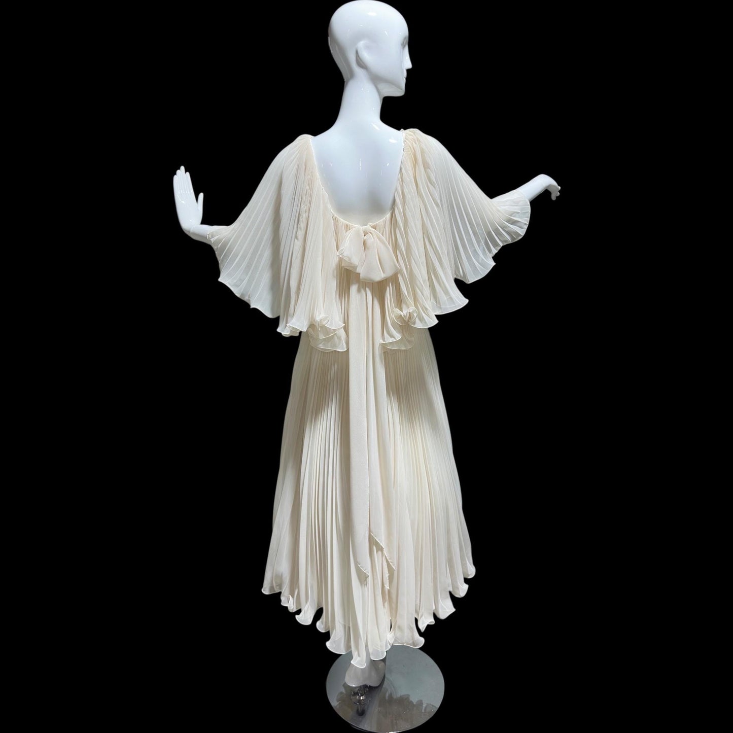 1960s vintage evening dress gown, almond white lace pleated dress, ruffled cape collar