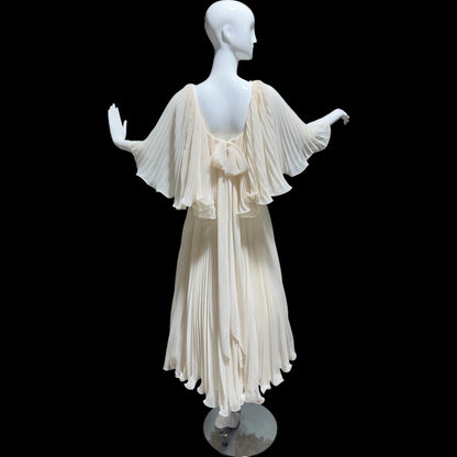 1960s vintage evening dress gown, almond white lace pleated dress, ruffled cape collar