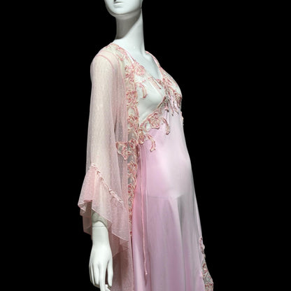 TERESA vintage Y2K nightgown robe set, Made in Italy, sheer pink lace sheath slip dress and peignoir set