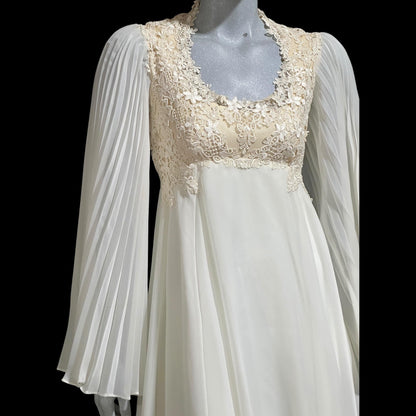 1970s vintage Wedding dress gown, White pleated bell sleeve gown, Hippie Bohemian dress