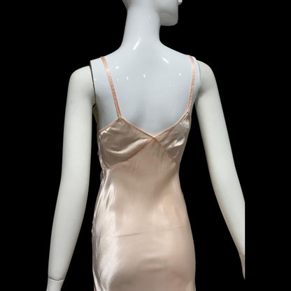 1930s Vintage Peach Slip Dress: Shiny silky Rayon Nightgown lingerie, Lace Trim