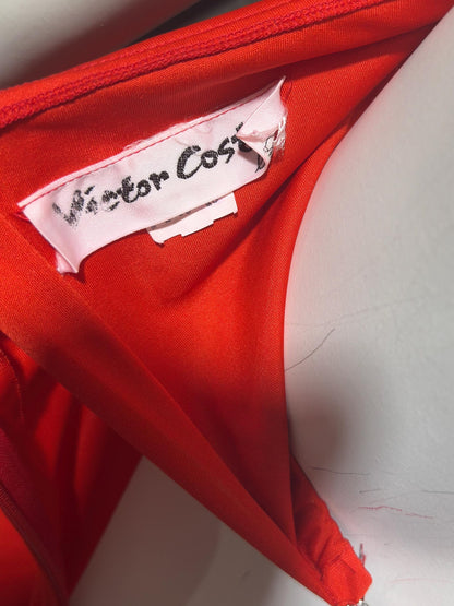 VICTOR COSTA vintage 1970s evening dress, vibrant red jersey knit goddess gown
