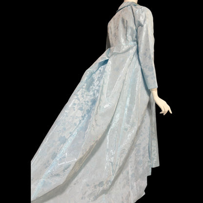 1960s Vintage evening gown and opera coat ensemble, baby blue damask custom mod column dress and duster set