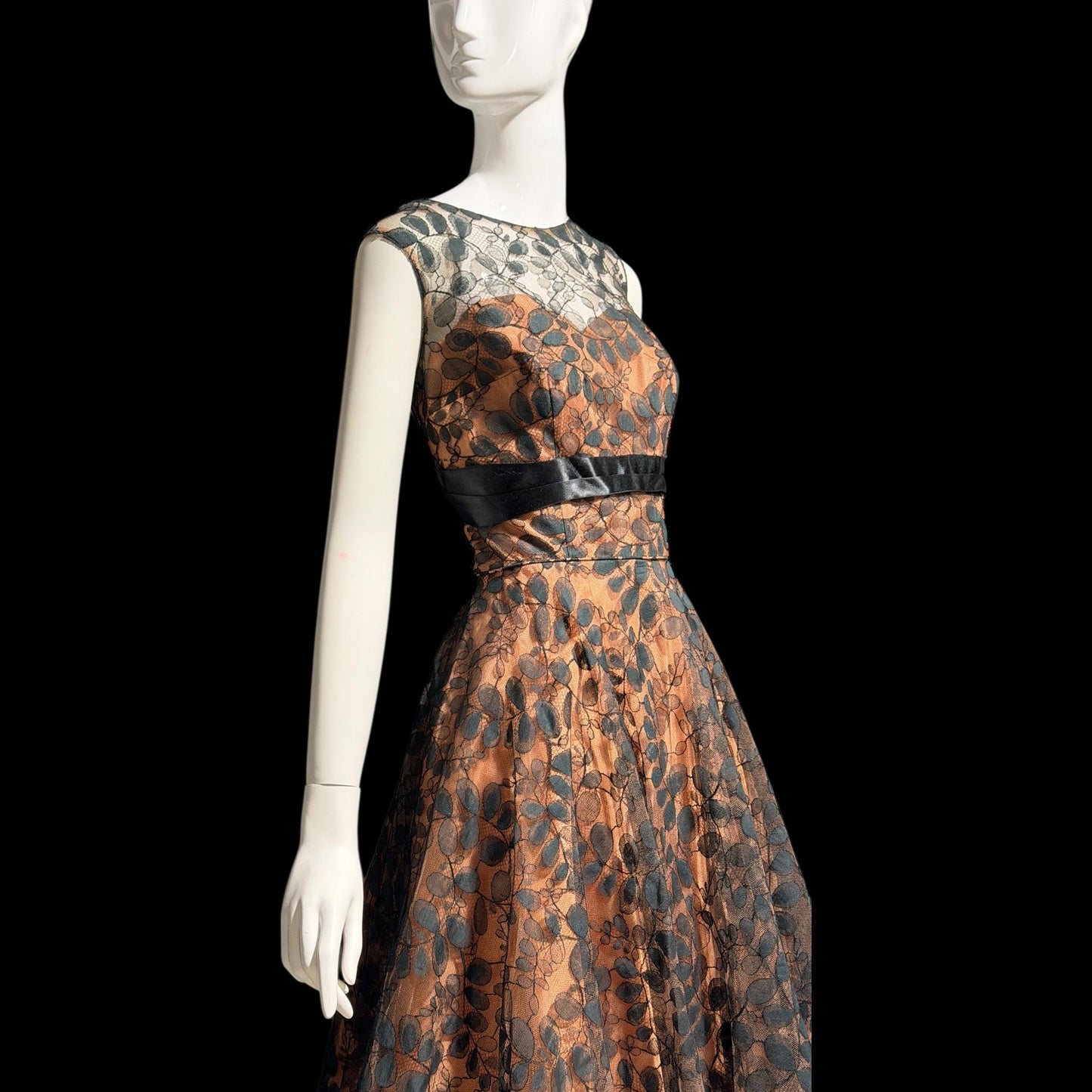 1950s vintage evening party dress, black lace fit flare cocktail dress, Medium