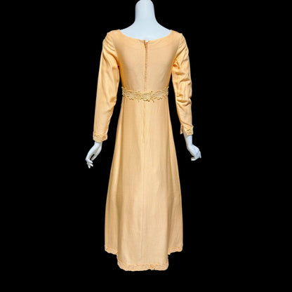 1960s Vintage evening bridesmaid dress, PEACH raw silk Mod gown, Long sleeves empire waist with flower appliques'