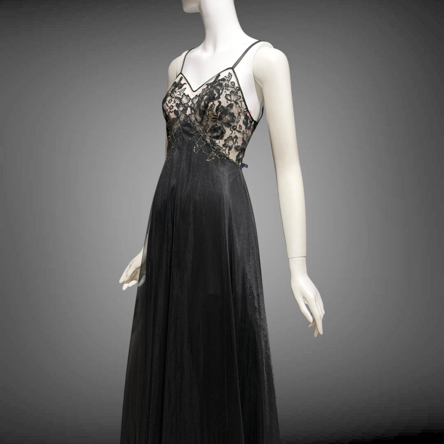 VANITY FAIR Vintage 1950s nightgown slip dress, Black Nylon Metallic Lace Lingerie dress