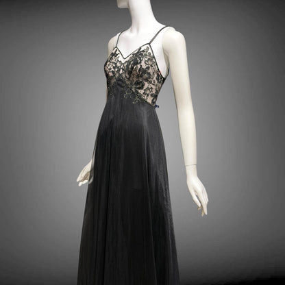 VANITY FAIR Vintage 1950s nightgown slip dress, Black Nylon Metallic Lace Lingerie dress