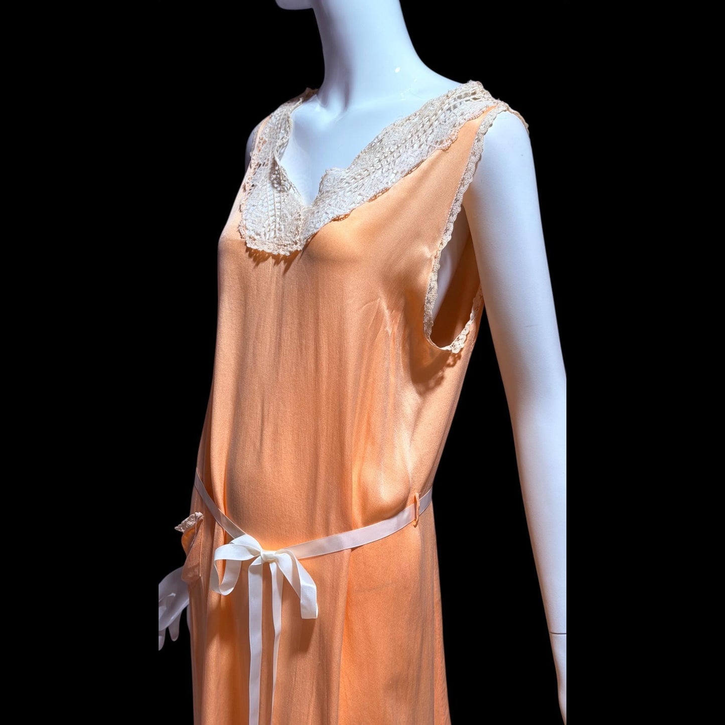 1920s vintage nightgown slip dress, peach sorbet silk shift lingerie dress