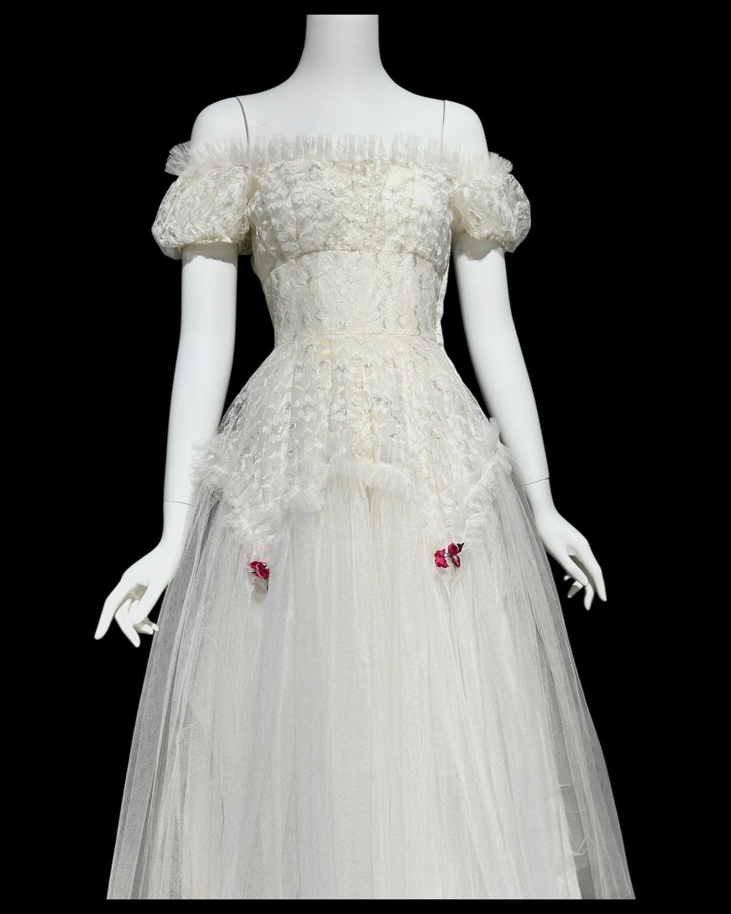 1950s vintage white prom dress, tea length net tulle cupcake evening gown, off the shoulder ball gown