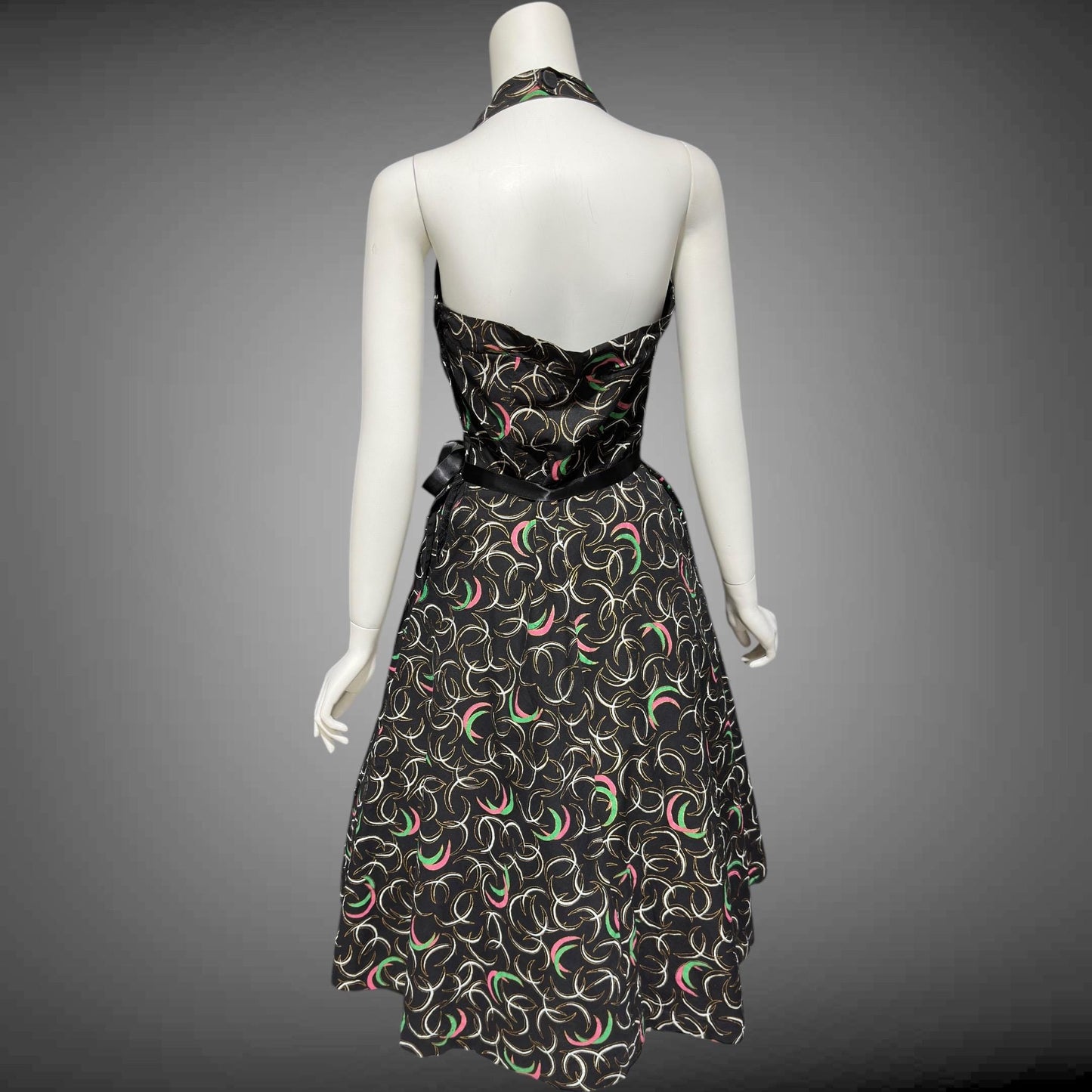 1950s vintage day dress, Shelf bust Halter Sundress, Black and pink cotton pinup dress