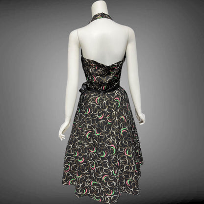 1950s vintage day dress, Shelf bust Halter Sundress, Black and pink cotton pinup dress