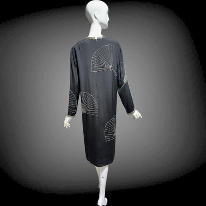 ADELE SIMPSON 1980s black cocktail party shift dress with beaded fans