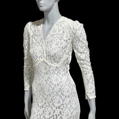 1940s vintage wedding bridal dress, white see through lace sheath full length gown