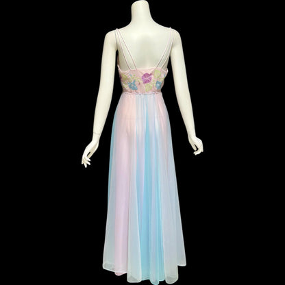 VANITY FAIR, vintage 1950s nightgown slip dress, pastel sorbet sheer chiffon embroidered goddess gown