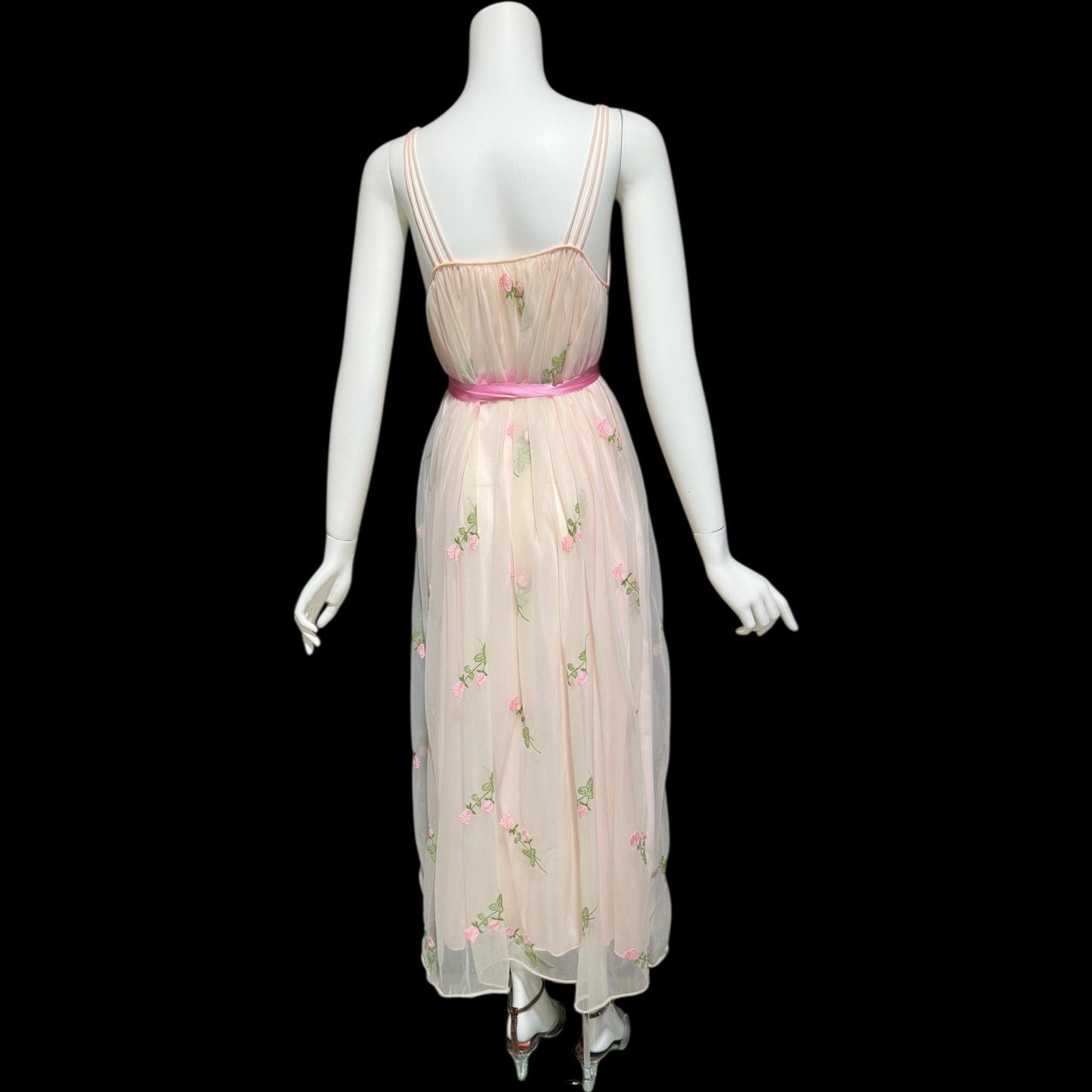 1950s Vintage nightgown slip dress, pink embroidered scattered rosebuds