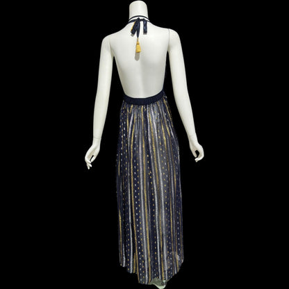 1970s Vintage Disco Diva evening party dress, sheer nylon and metallic halter gown, studio 54 disco