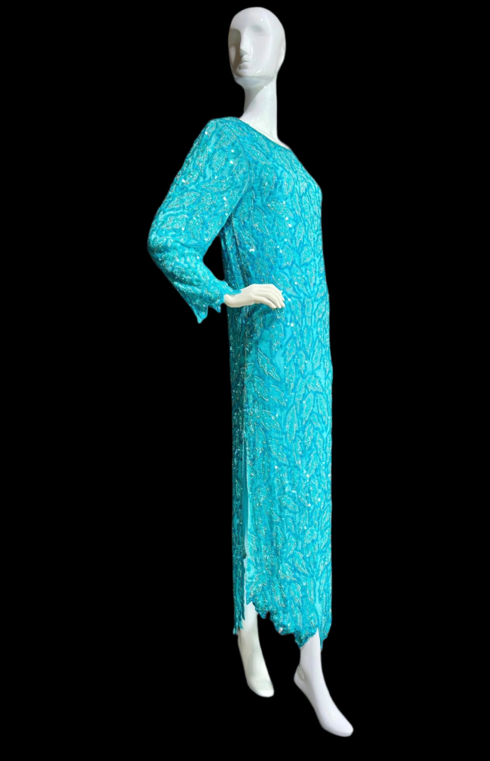 1980s Vintage evening dress, Turquoise blue silk full length sheath gown with silver beads and sequins