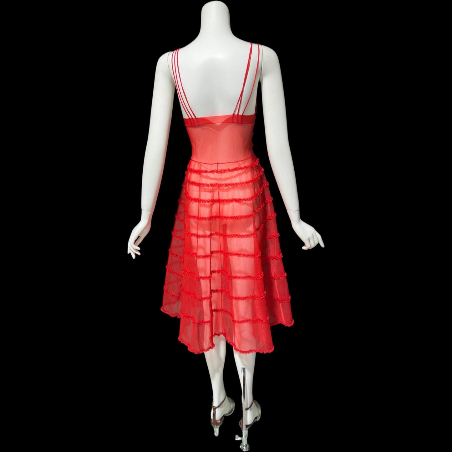 1950s vintage nightgown slip dress, sheer nylon lipstick red ruffled twirling night dress