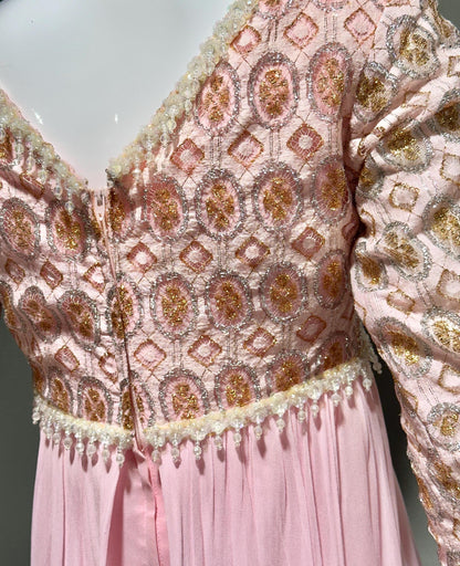 1960s Vintage evening dress, pink Bridgerton silk chiffon empire waist beaded lace formal scarf gown